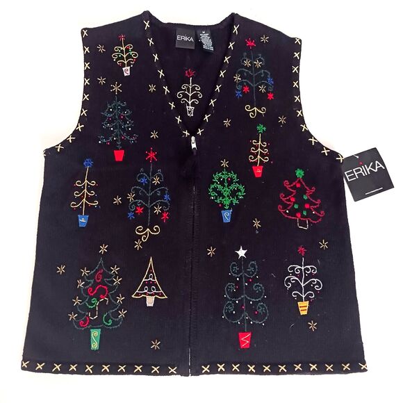 NWT Erika Knit XMAS Trees Vest Blk Cotton Embroidered w Beads Zip Front Sz M - Picture 9 of 9